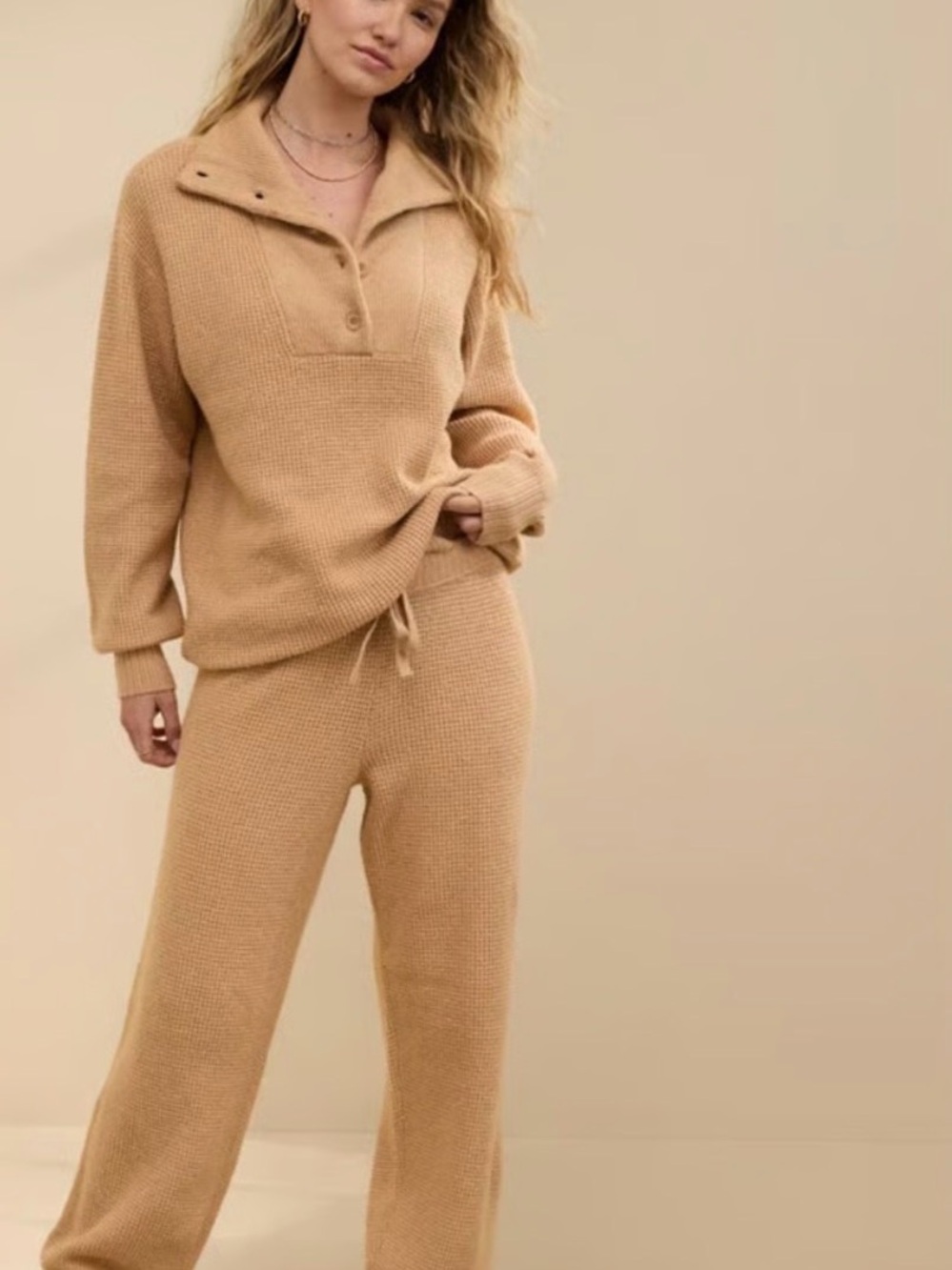 aerie Camel Waffle-Knit Henley Lounge Set